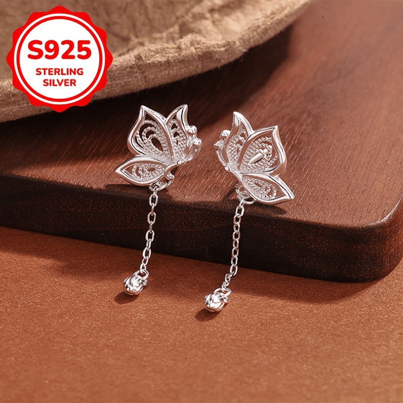 925 Silver Butterfly Tassel Stud Earrings